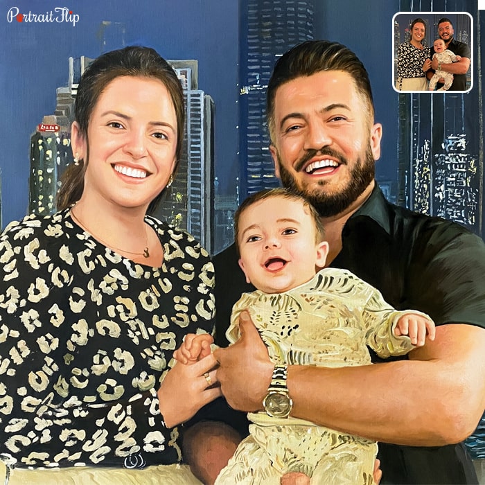 Acrylic painting of a man holding a baby in his arms with a woman beside them with a city view in the background